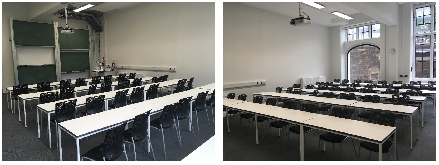 Tables and chairs in rows facing the teaching wall.